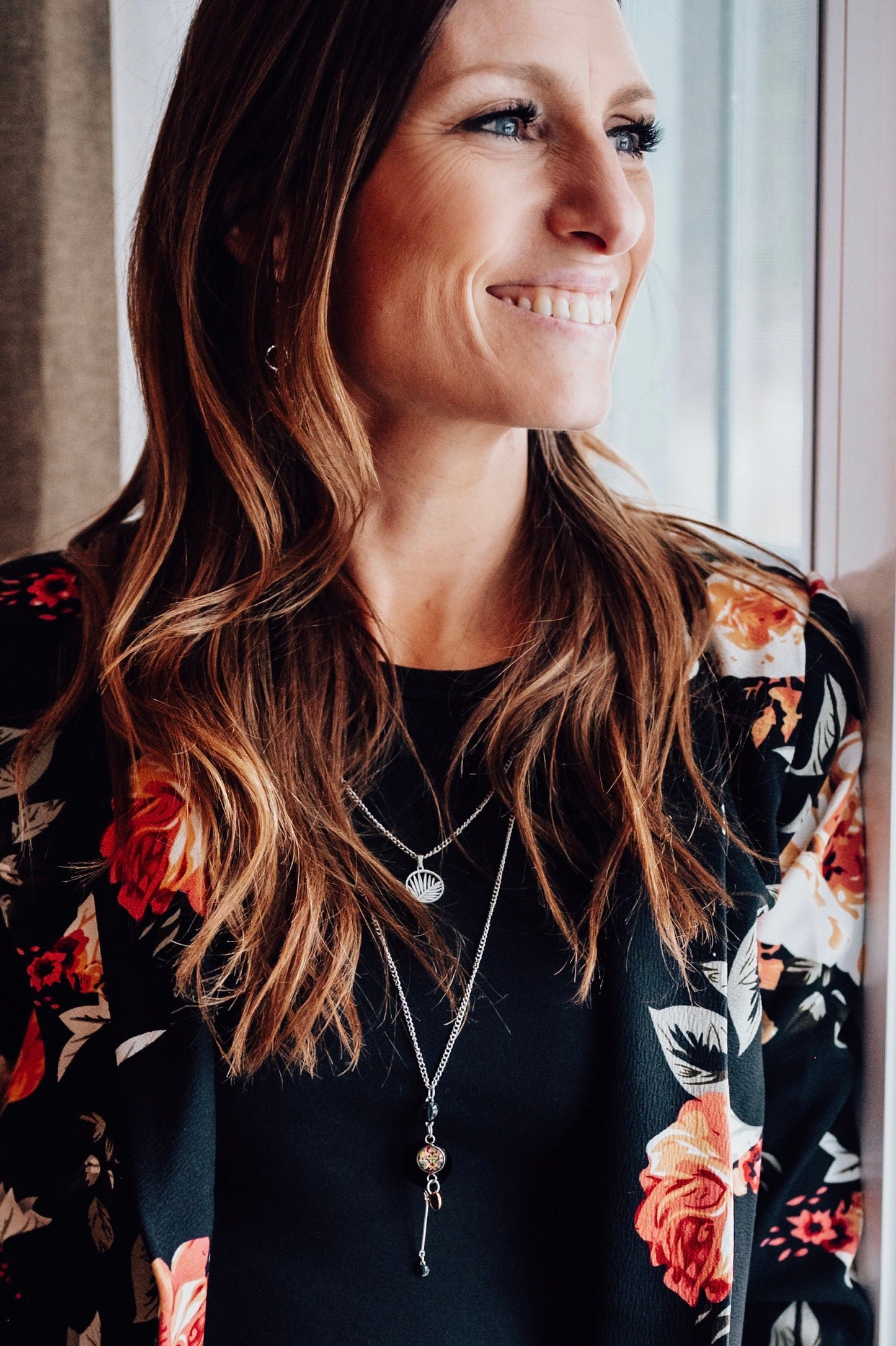 Sautoir inox et cabochon fleuris vintage