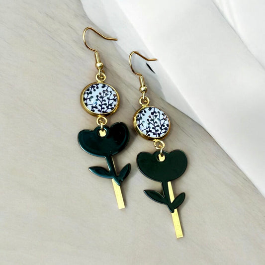 Boucles longues fleur or et noir
