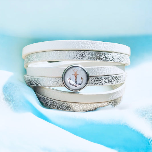 Wrap bracelet en cuir blanc et ancre