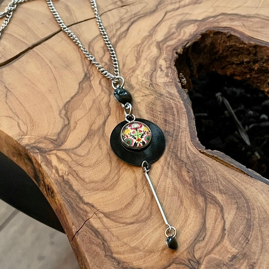 Sautoir inox et cabochon fleuris vintage