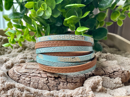 Bracelet cuir, style wrap, trois tours de poignet, ajustable