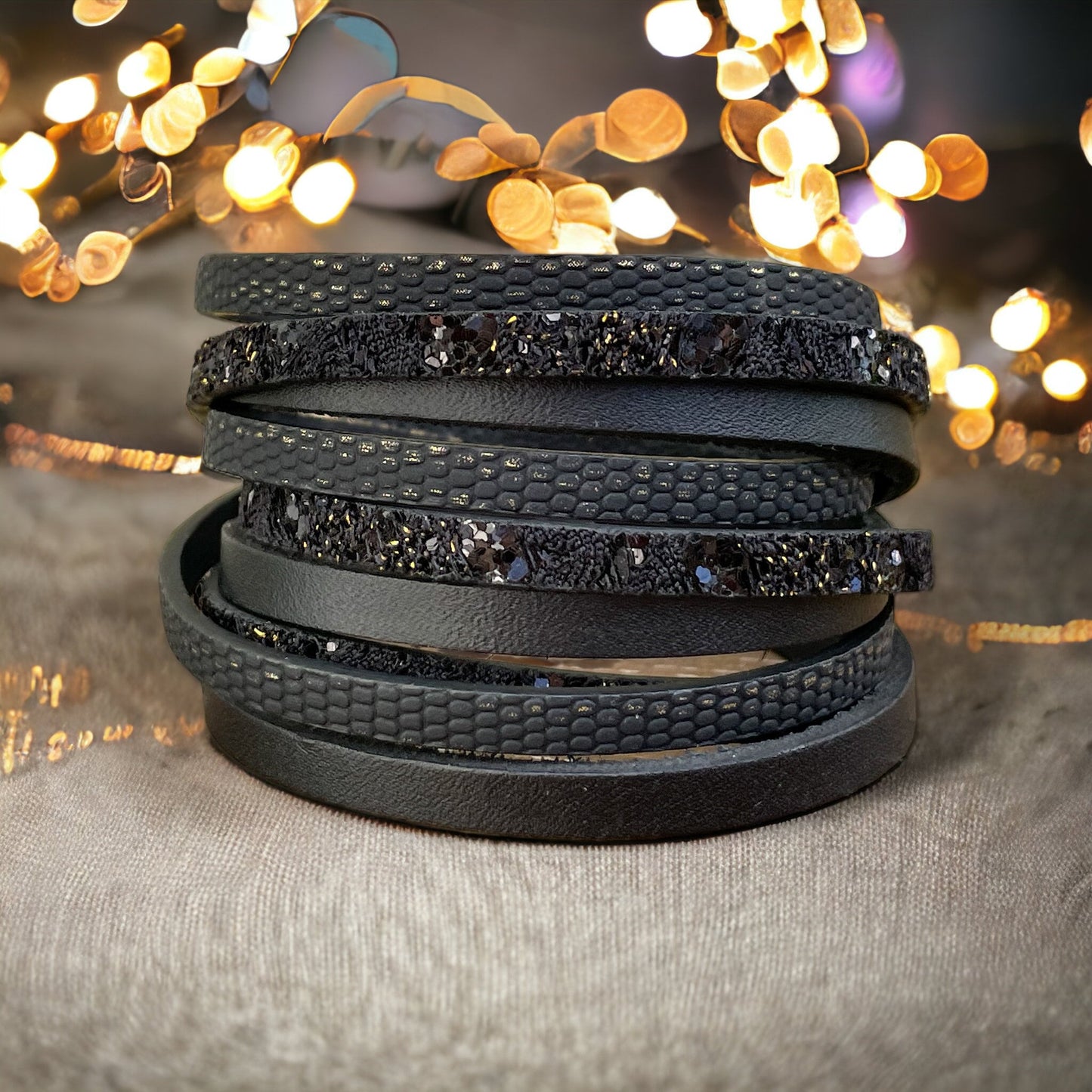 Wrap de cuir noir pailleté